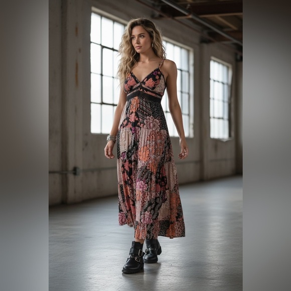 NWT Angie Clothing Boho Floral Patchwork Mixed Media Crochet Gypsy Dress - Picture 5 of 8